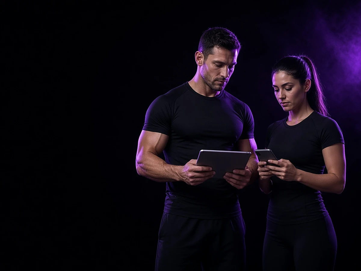 A male and a female coach checking their training web app on a tablet and phone