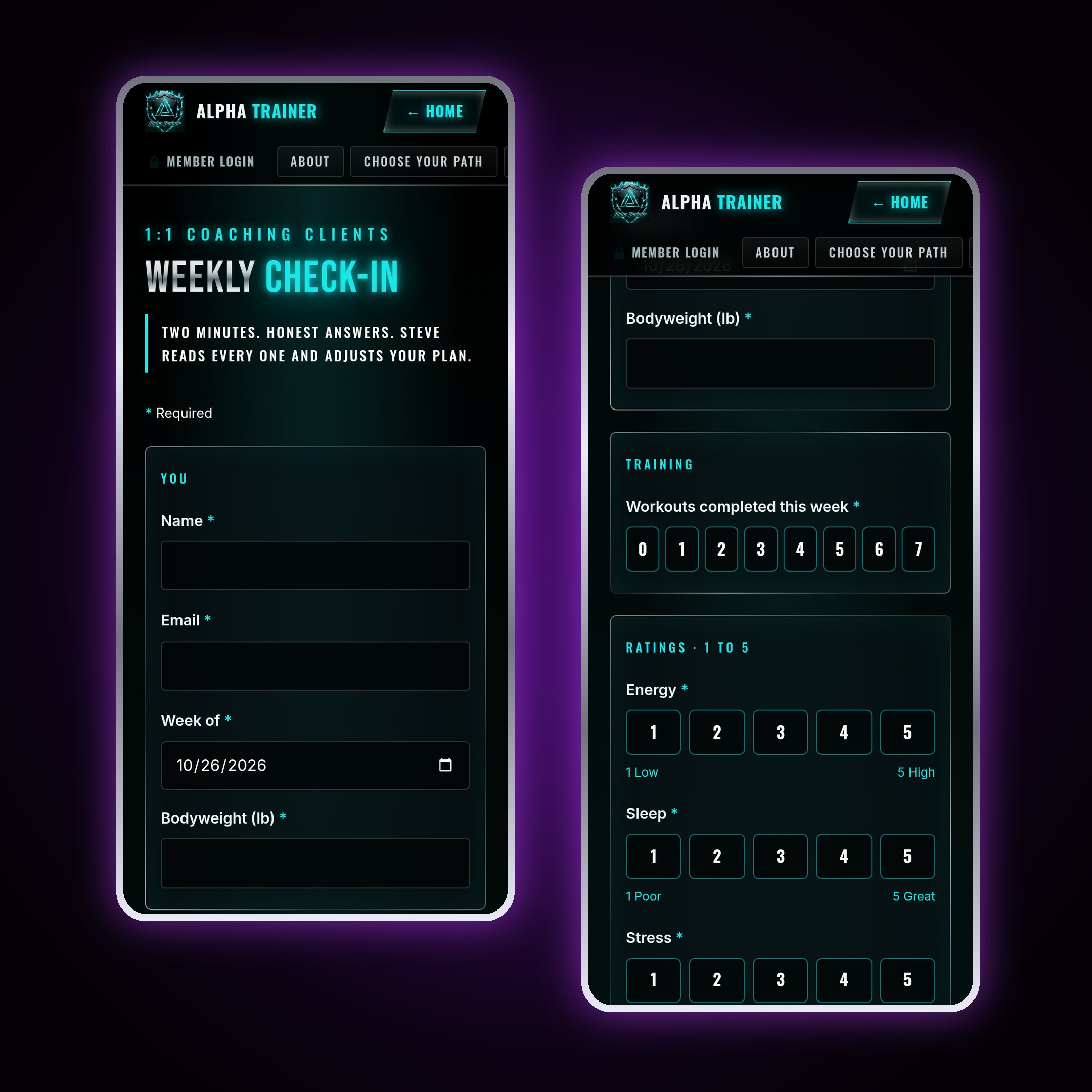 The weekly check-in form on two phones: bodyweight, workouts completed and 1 to 5 ratings for energy, sleep and stress