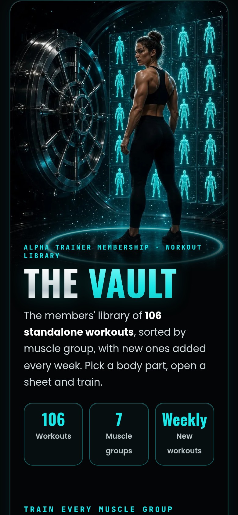 The Vault page on a phone: 106 workouts across 7 muscle groups, with new workouts weekly