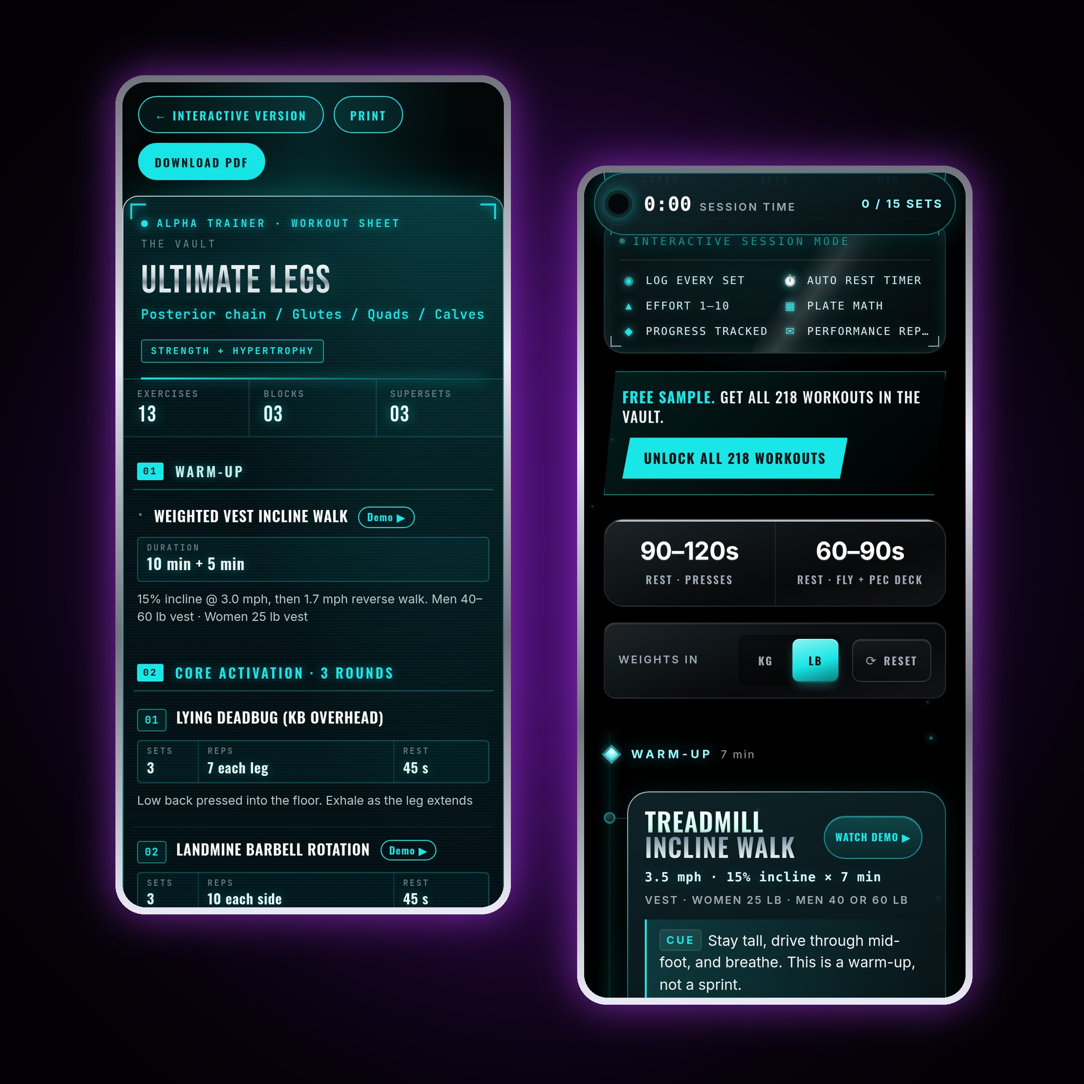 An Ultimate Legs workout sheet and the live session mode with session timer and rest times, on two phones