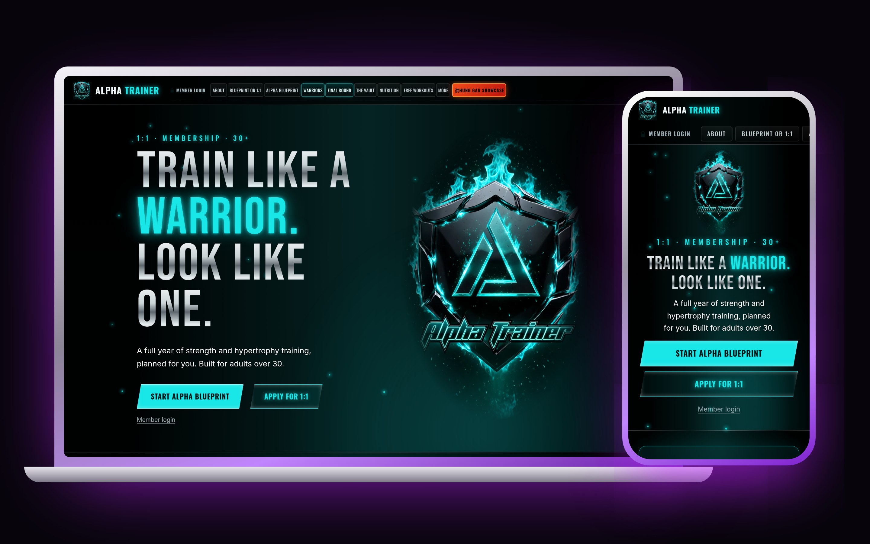 The Alpha Trainer homepage with its Train like a warrior headline, shown on a laptop and a phone