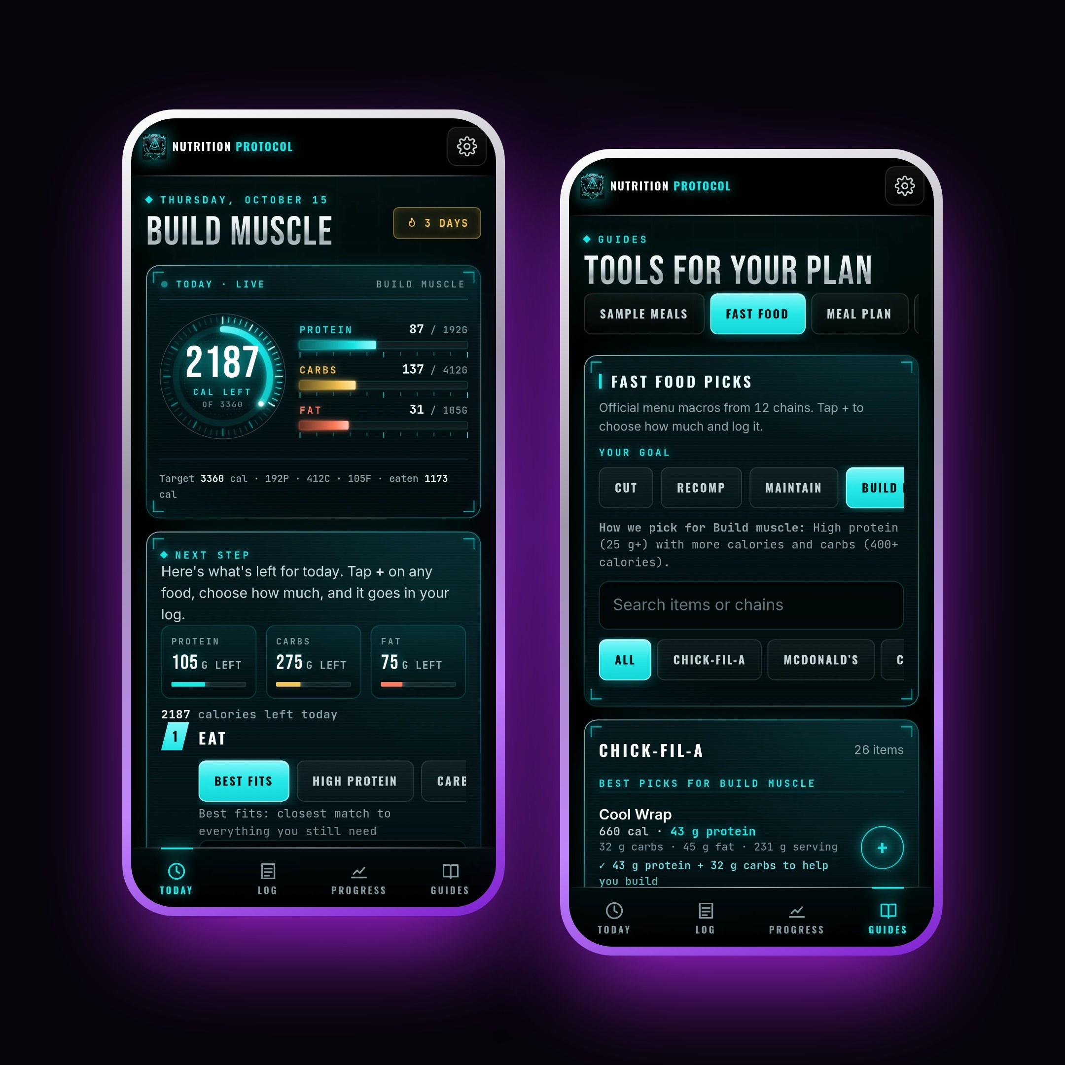 Nutrition Protocol on two phones: the Today ring with calories and macros left, and fast food picks with menu macros