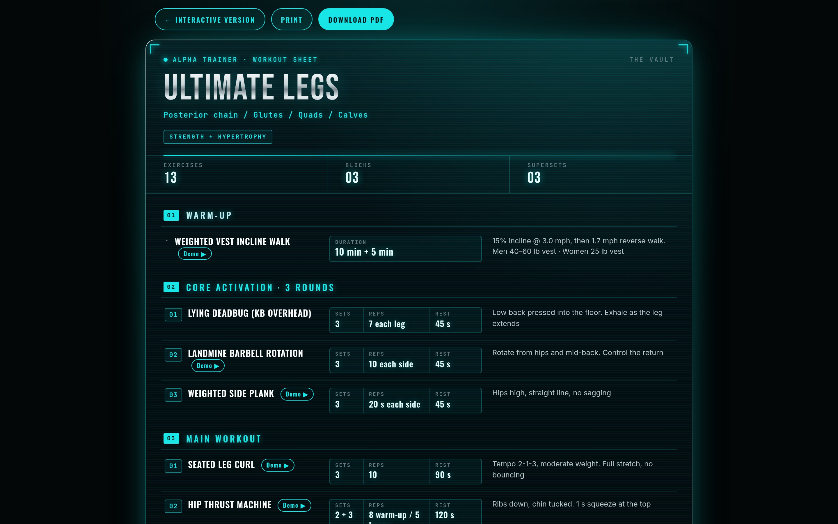 A members workout sheet with sets, reps and rest on alphatrainerhq.com